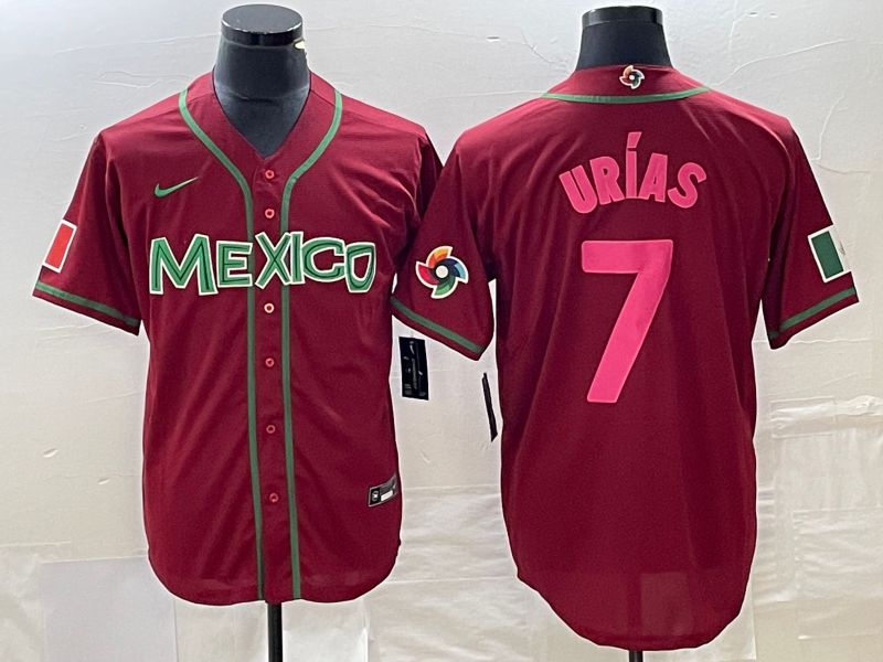 Men 2023 World Cub Mexico #7 Urias Red pink Nike MLB Jersey14